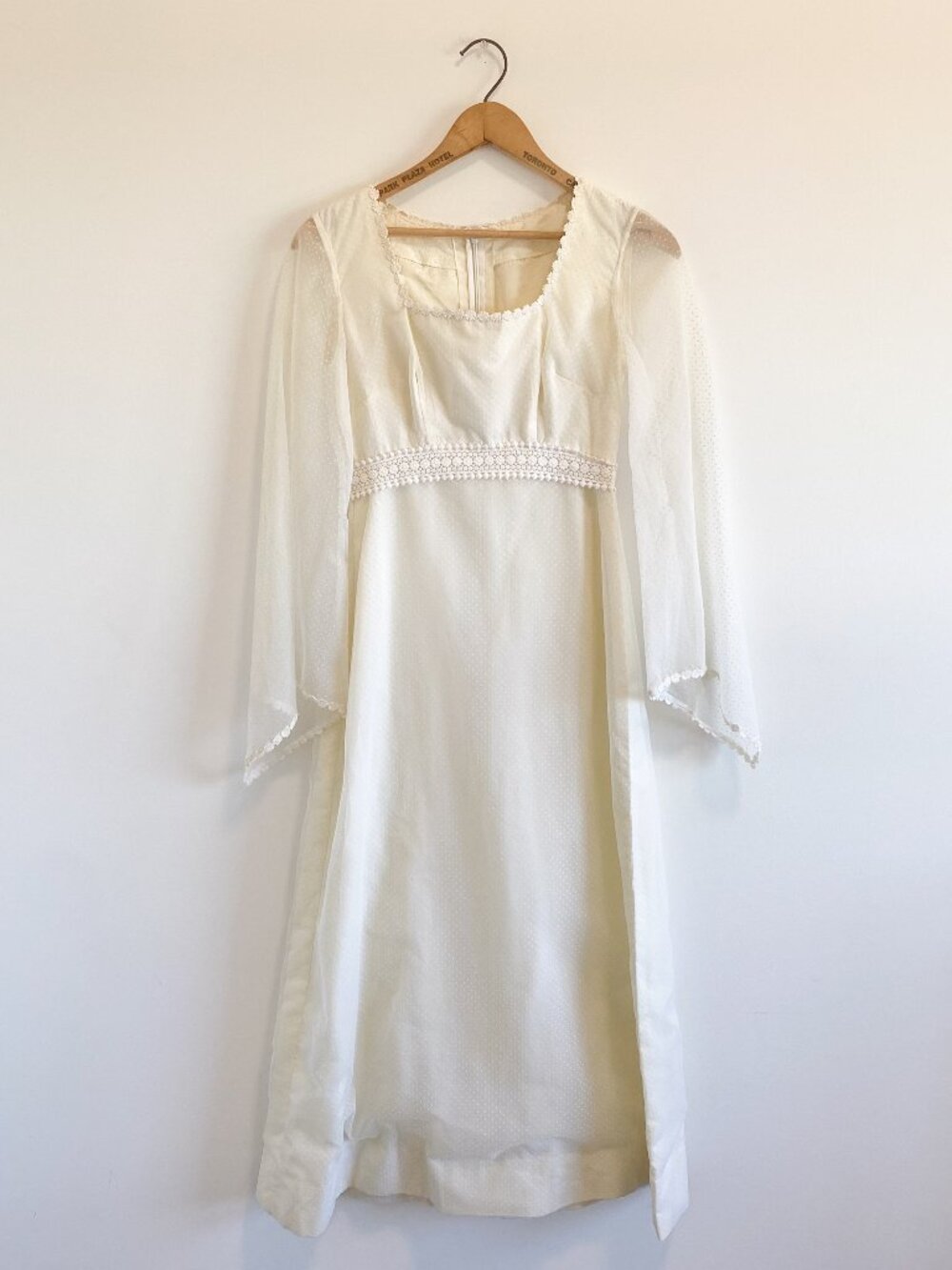 Vintage Ivory Organza + Lace Dress with Sheer Bell Sleeves / 70s